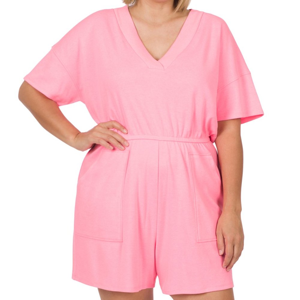 PLUS DROP SHOULDER V-NECK ROMPER SHORTS WITH POCKETS